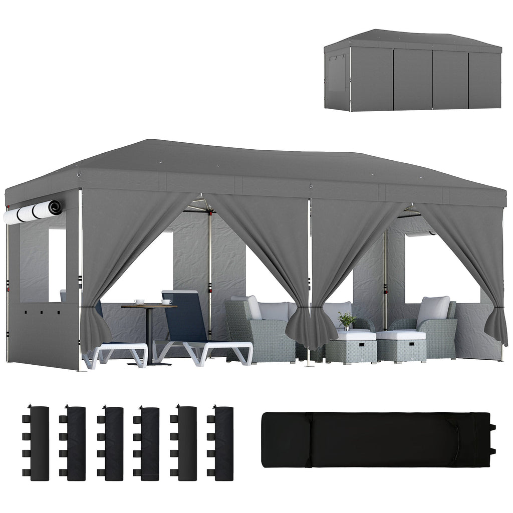 3 x 6 m Pop Up Gazebo with 6 Sidewalls, Wheeled Bag & Sandbags, Dark Grey