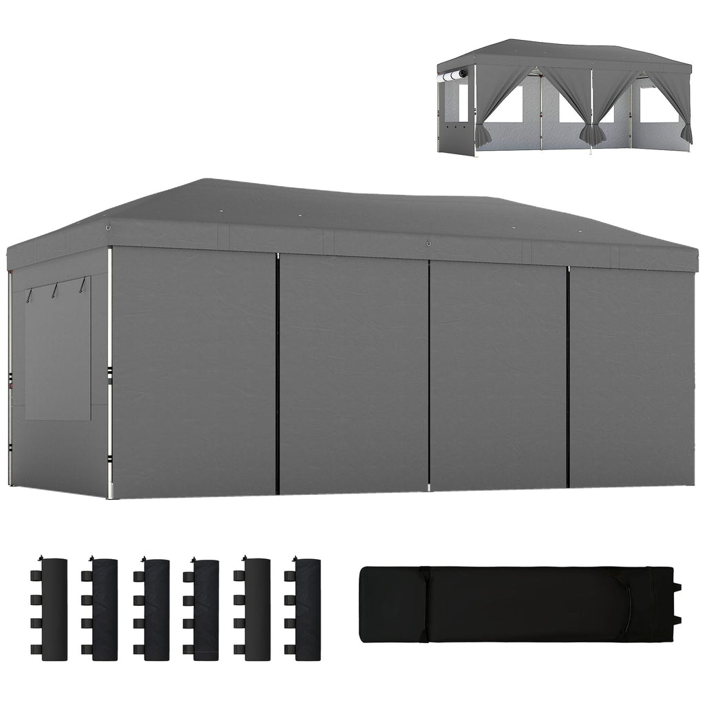 3 x 6 m Pop Up Gazebo with 6 Sidewalls, Wheeled Bag & Sandbags, Dark Grey