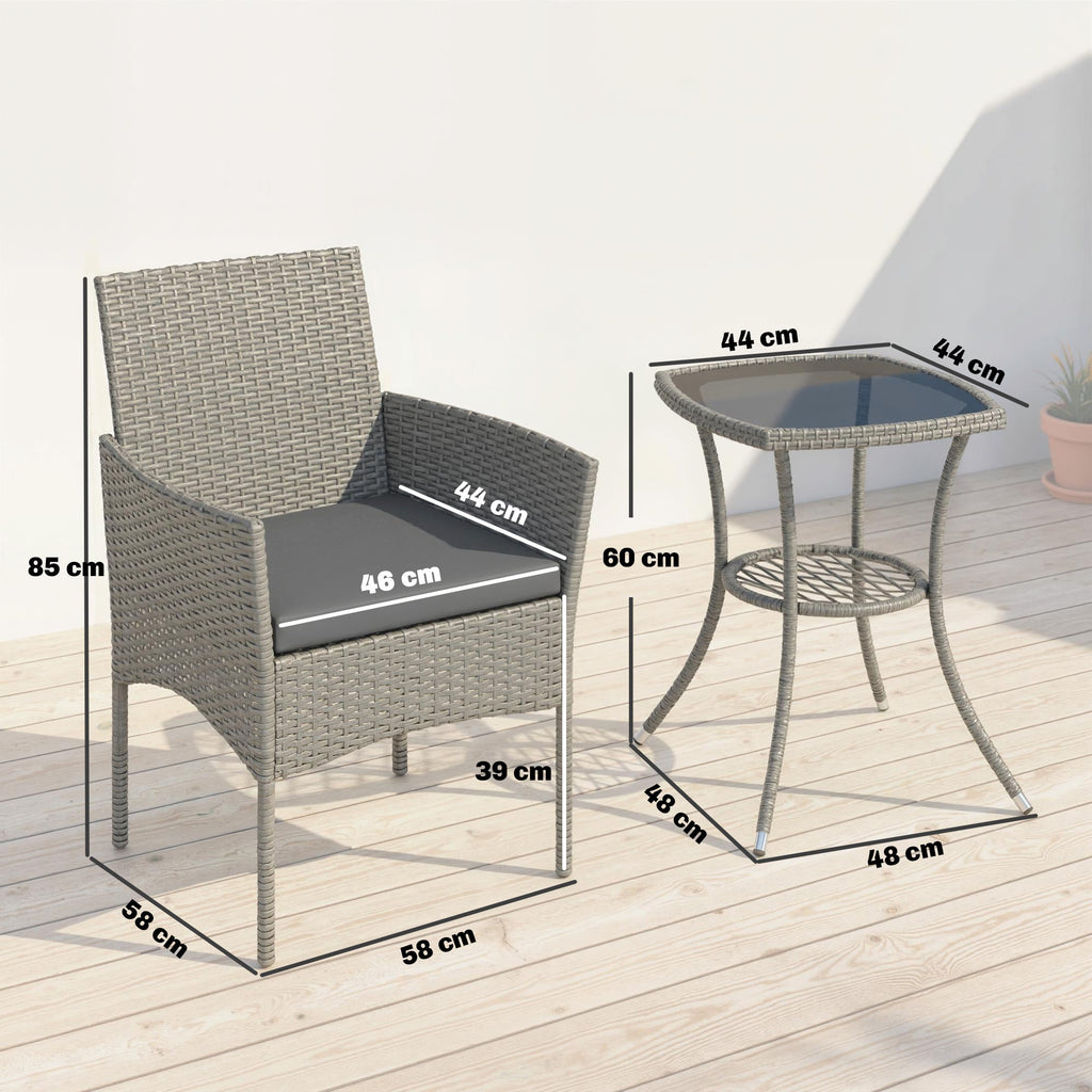 3-Piece PE Rattan Bistro Set with Glass-Top Table & Cushions, Dark Grey
