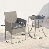 3-Piece PE Rattan Bistro Set with Glass-Top Table & Cushions, Dark Grey
