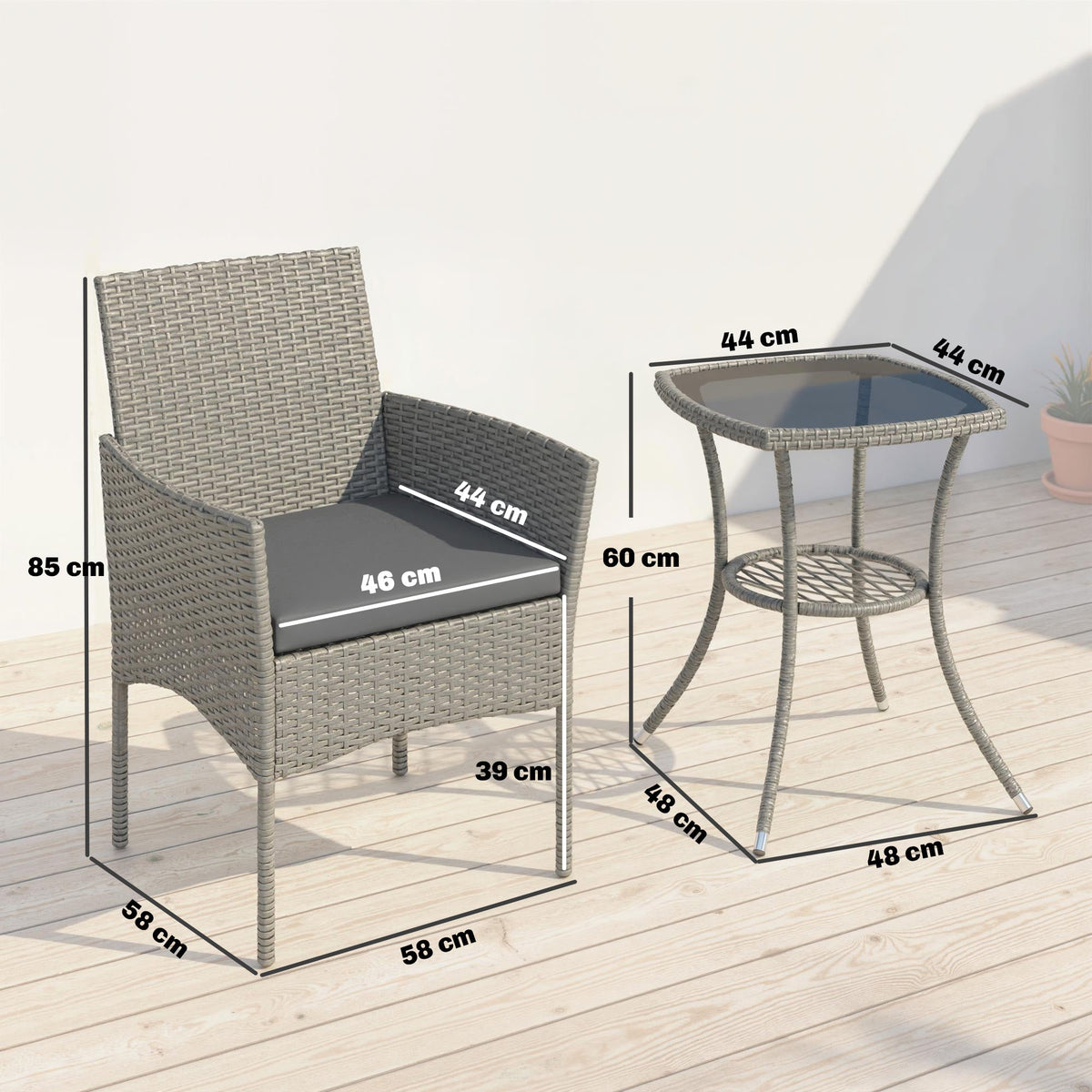 3-Piece PE Rattan Bistro Set with Glass-Top Table & Cushions, Dark Grey
