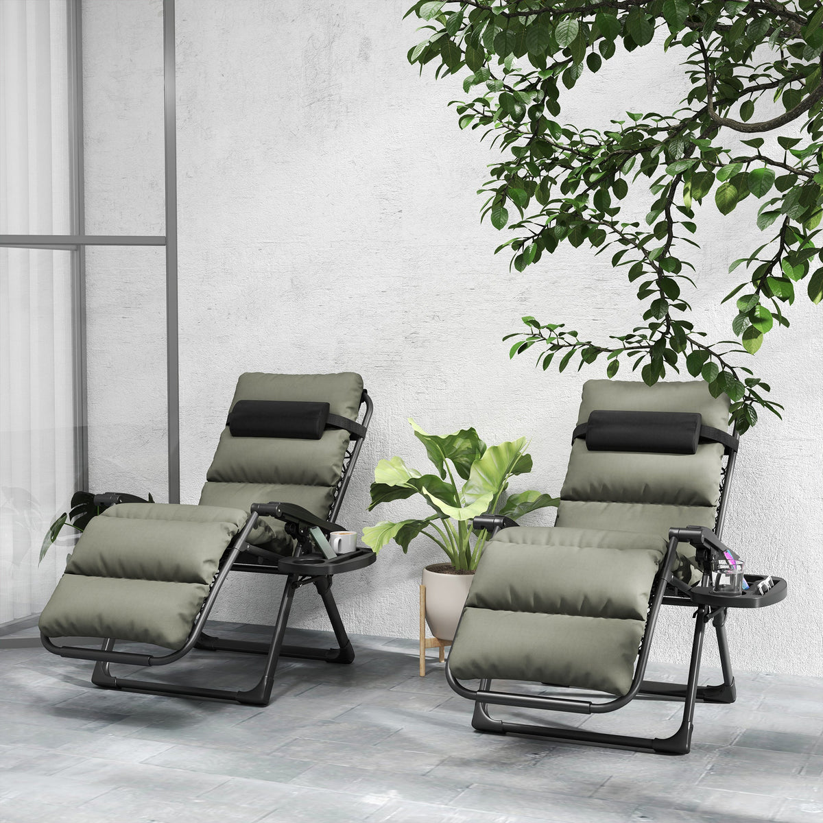Set of 2 Zero Gravity Chairs with Cup and Phone Holder Tray, Grey