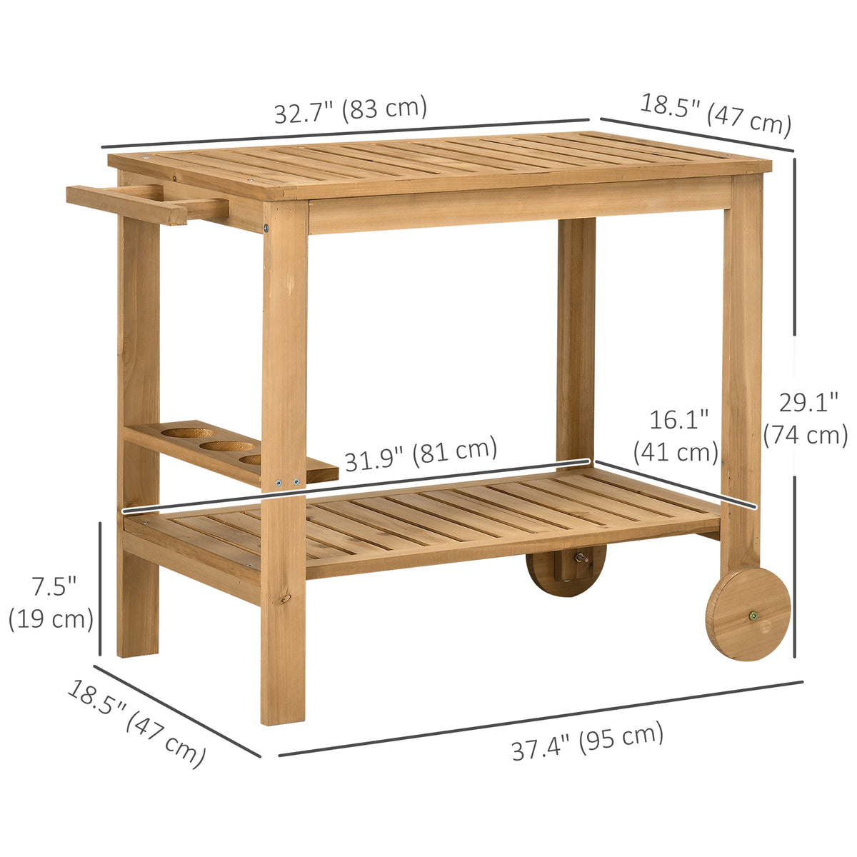 Wood Outdoor Bar Cart with 2 Shelves and Wine Holders, Natural