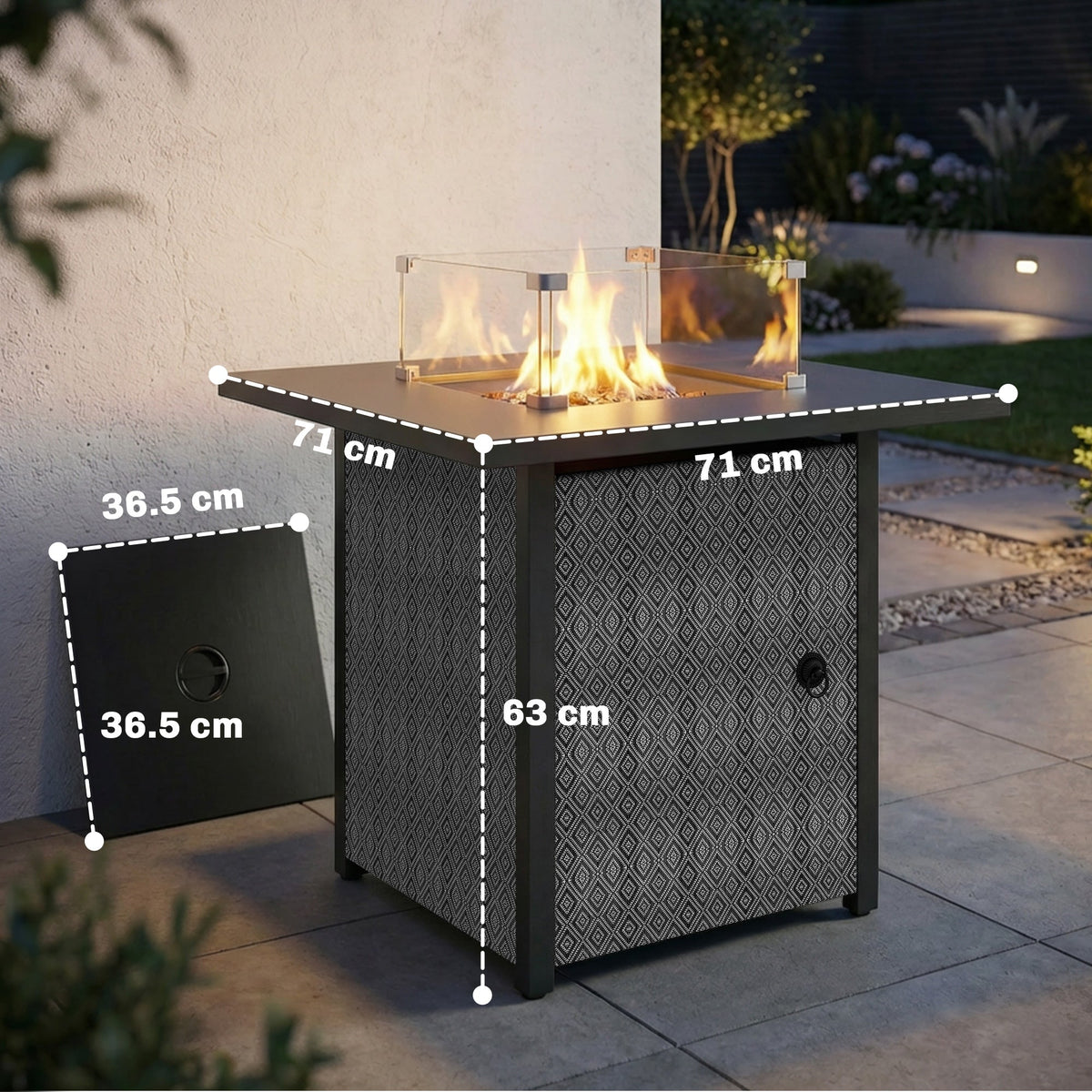 11.7 KW Propane Gas Fire Pit Table with Wind Guard and Lid, Black