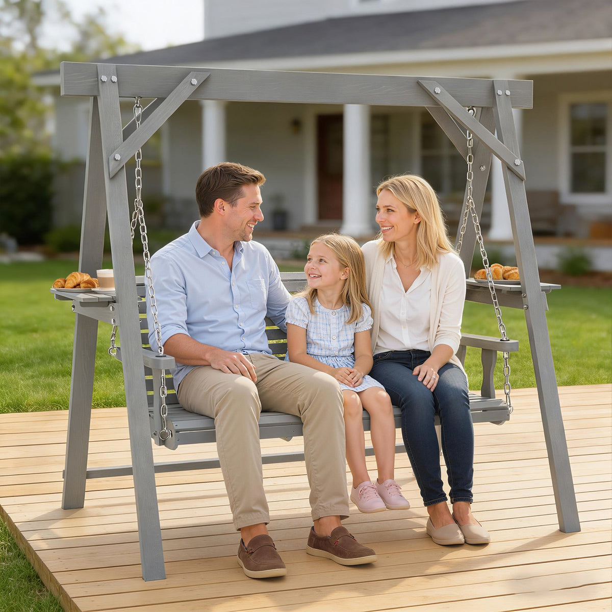 3 Seater Wooden Garden Swing Seat with Side Tables, Dark Grey