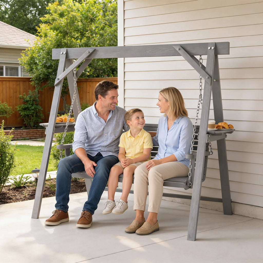 3 Seater Wooden Garden Swing Seat with Side Tables, Dark Grey