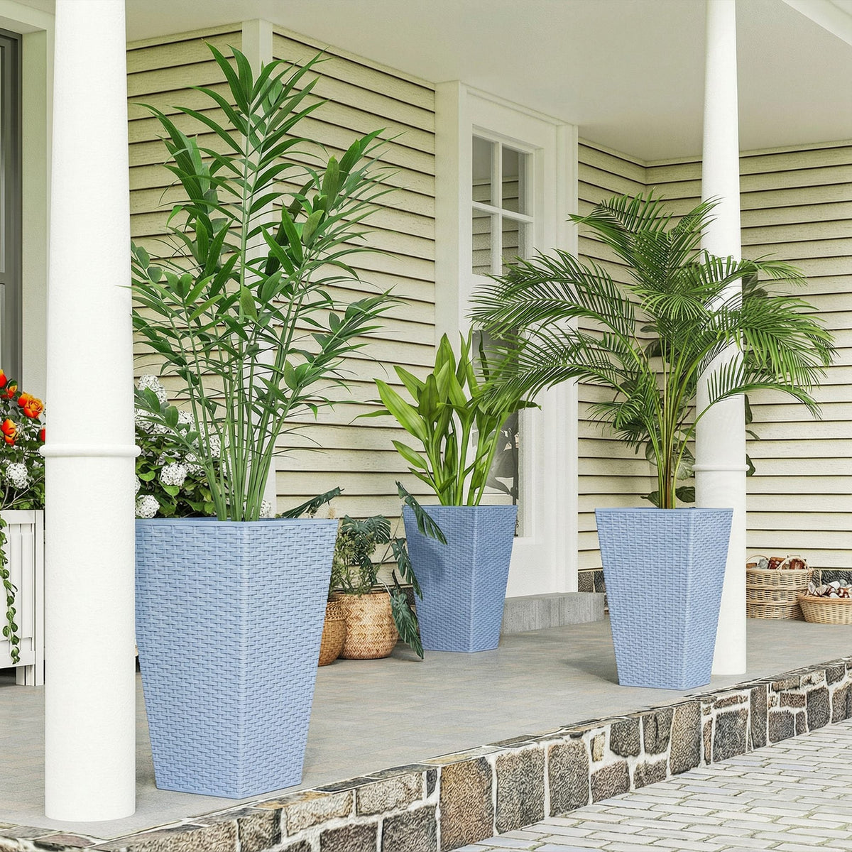 3 Piece 24" Tall Planters with Drainage Holes, Light Gray