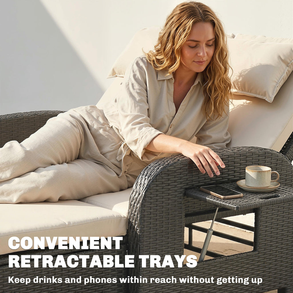 Rattan Patio Daybed with Storage Ottoman and Adjustable Backrest, Beige