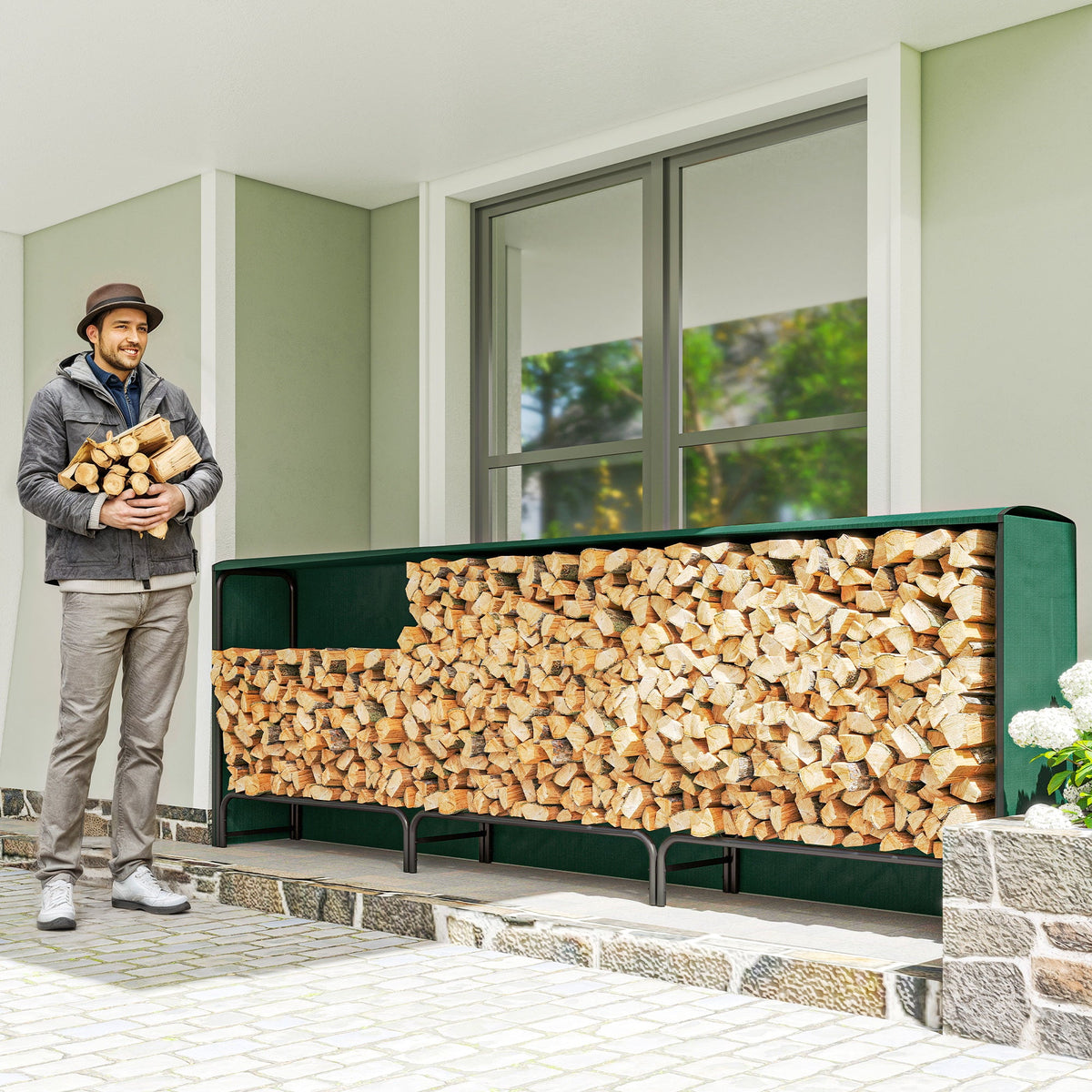 10 ft Heavy Duty Firewood Rack with Waterproof Cover & Steel Chains, Dark Green