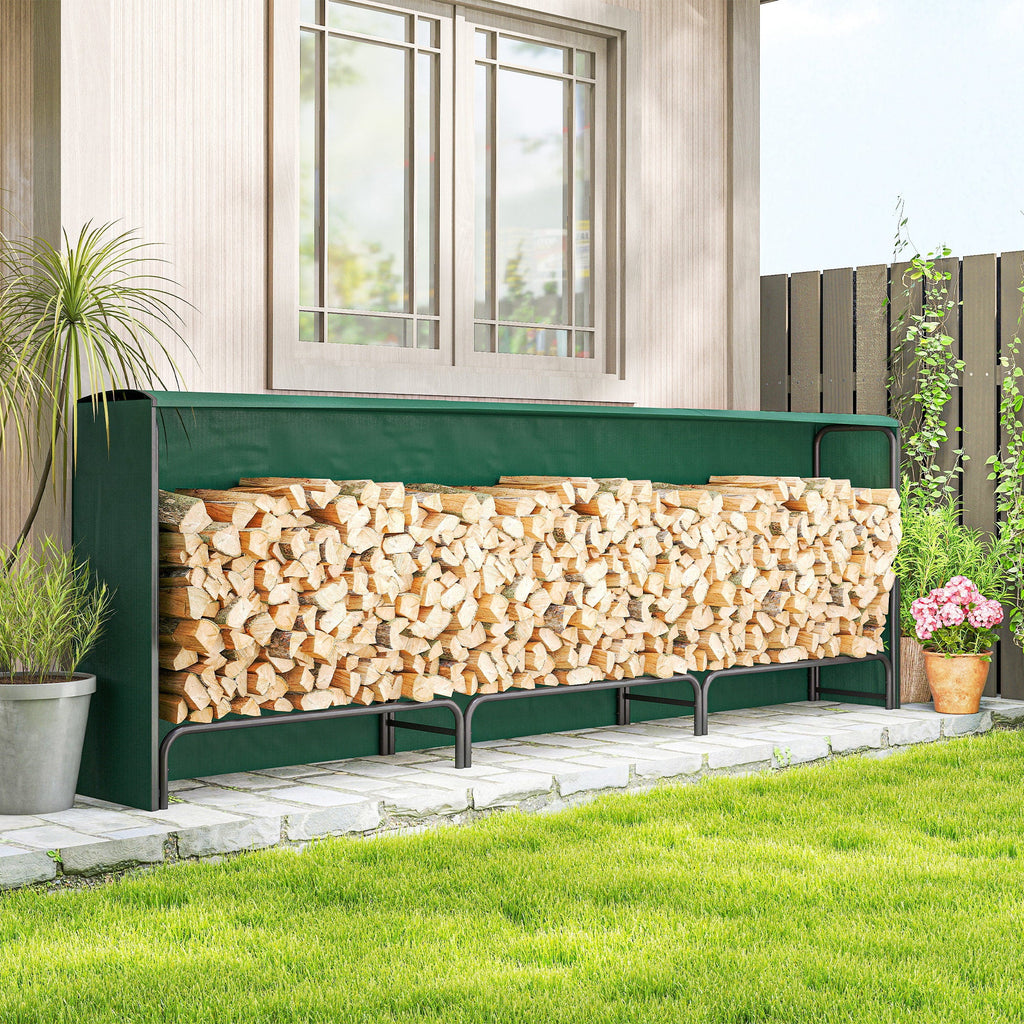 10 ft Heavy Duty Firewood Rack with Waterproof Cover & Steel Chains, Dark Green