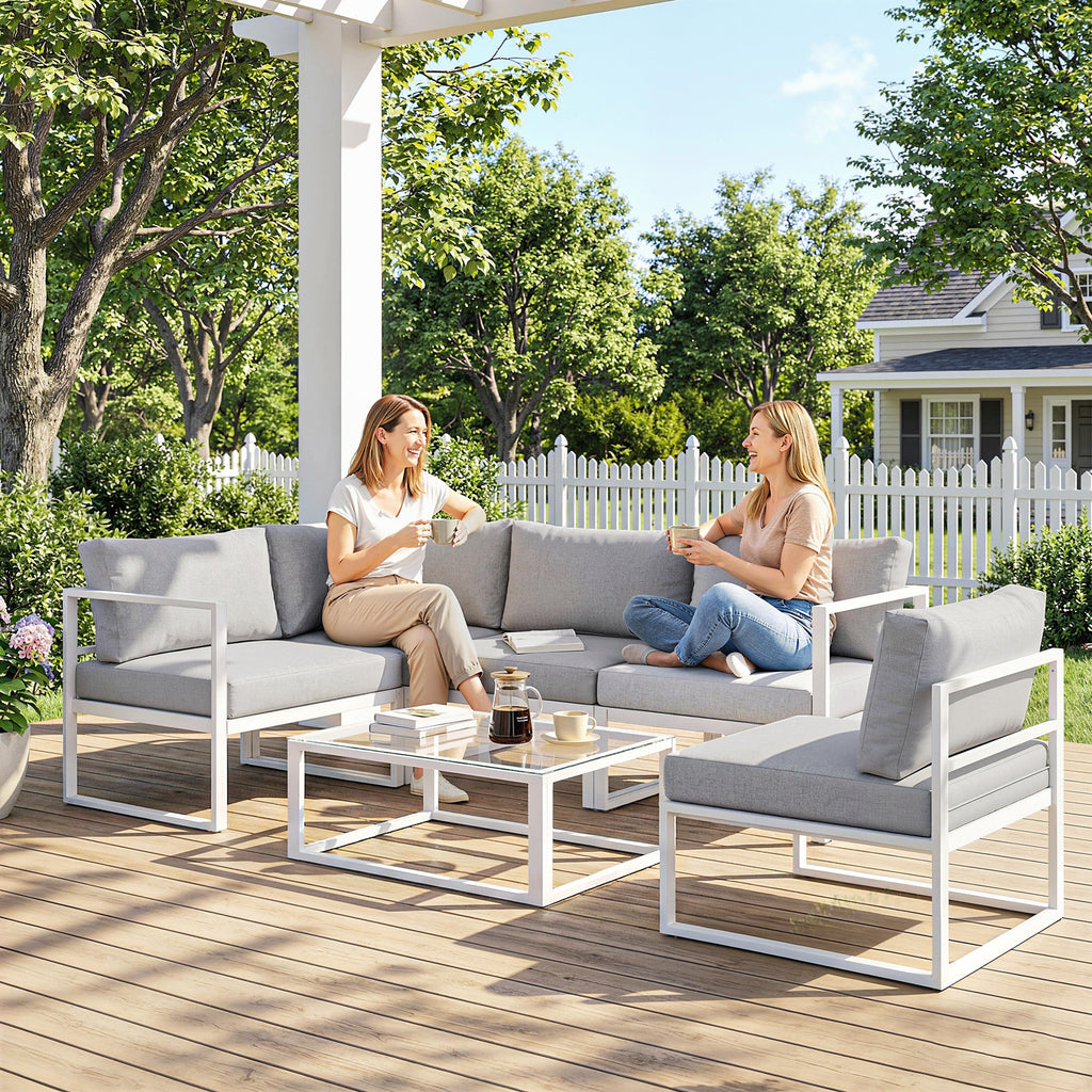 6 Seater Aluminium Garden Sofa Set with Coffee Table, Light Grey