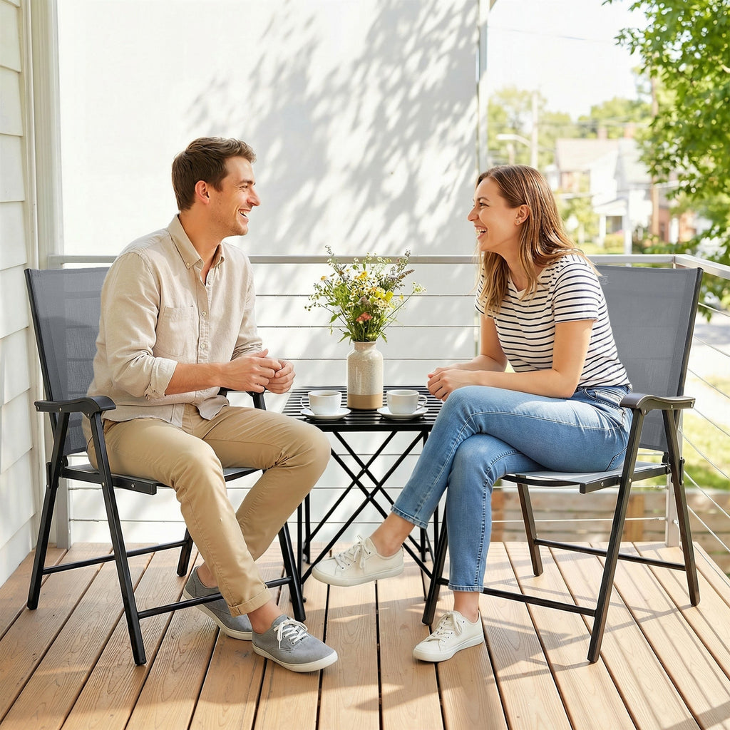 Set of 2 Folding Garden Chairs with High Back and Armrests, Light Grey
