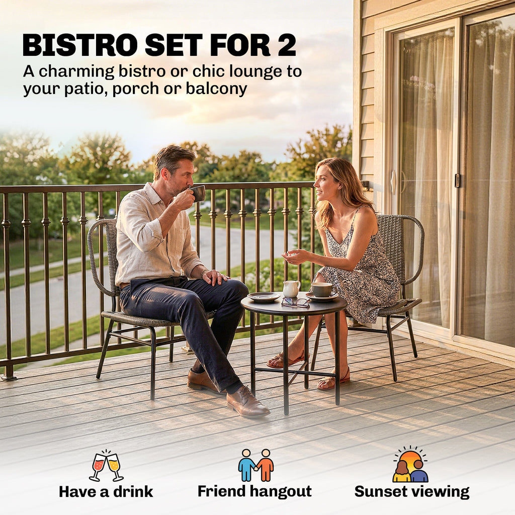 3 Piece Wicker Patio Bistro Set with 2 Armless Chairs and Steel Table, Grey