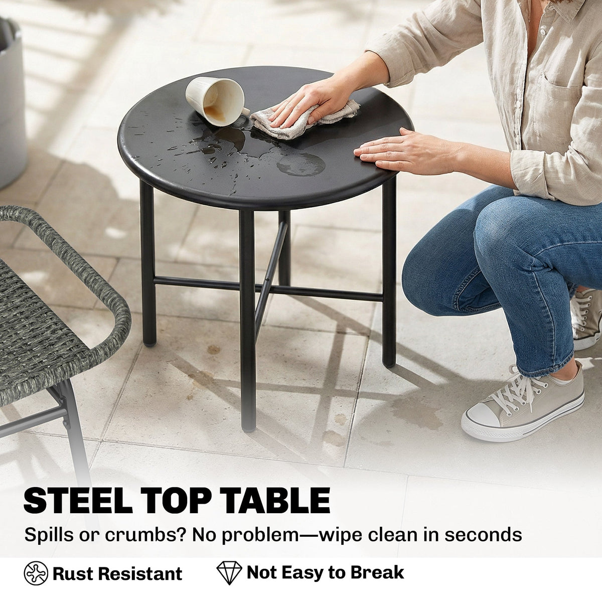 3 Piece Wicker Patio Bistro Set with 2 Armless Chairs and Steel Table, Grey