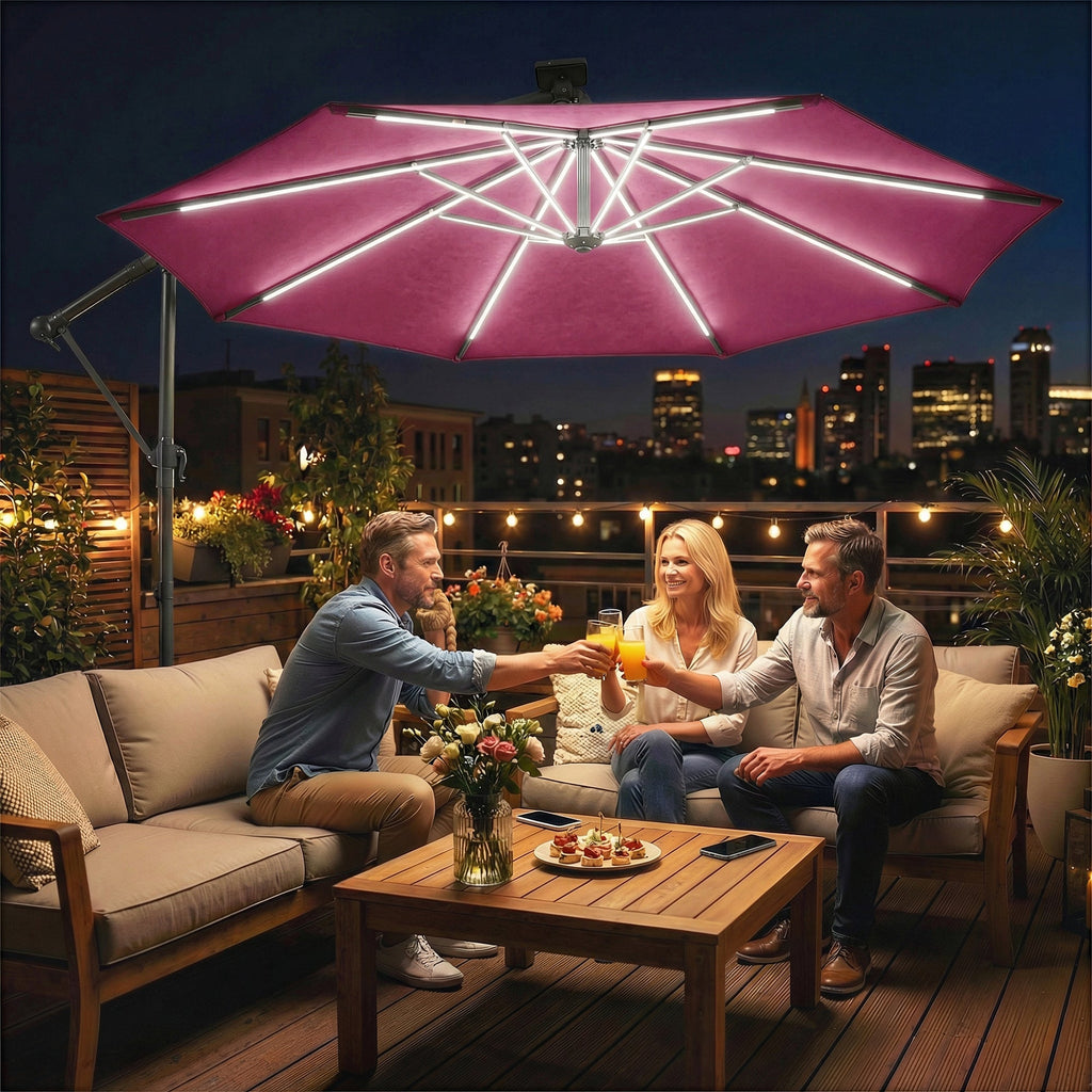 3 m Cantilever Parasol with Solar LED Light, Cover & 360° Rotation, Wine Red