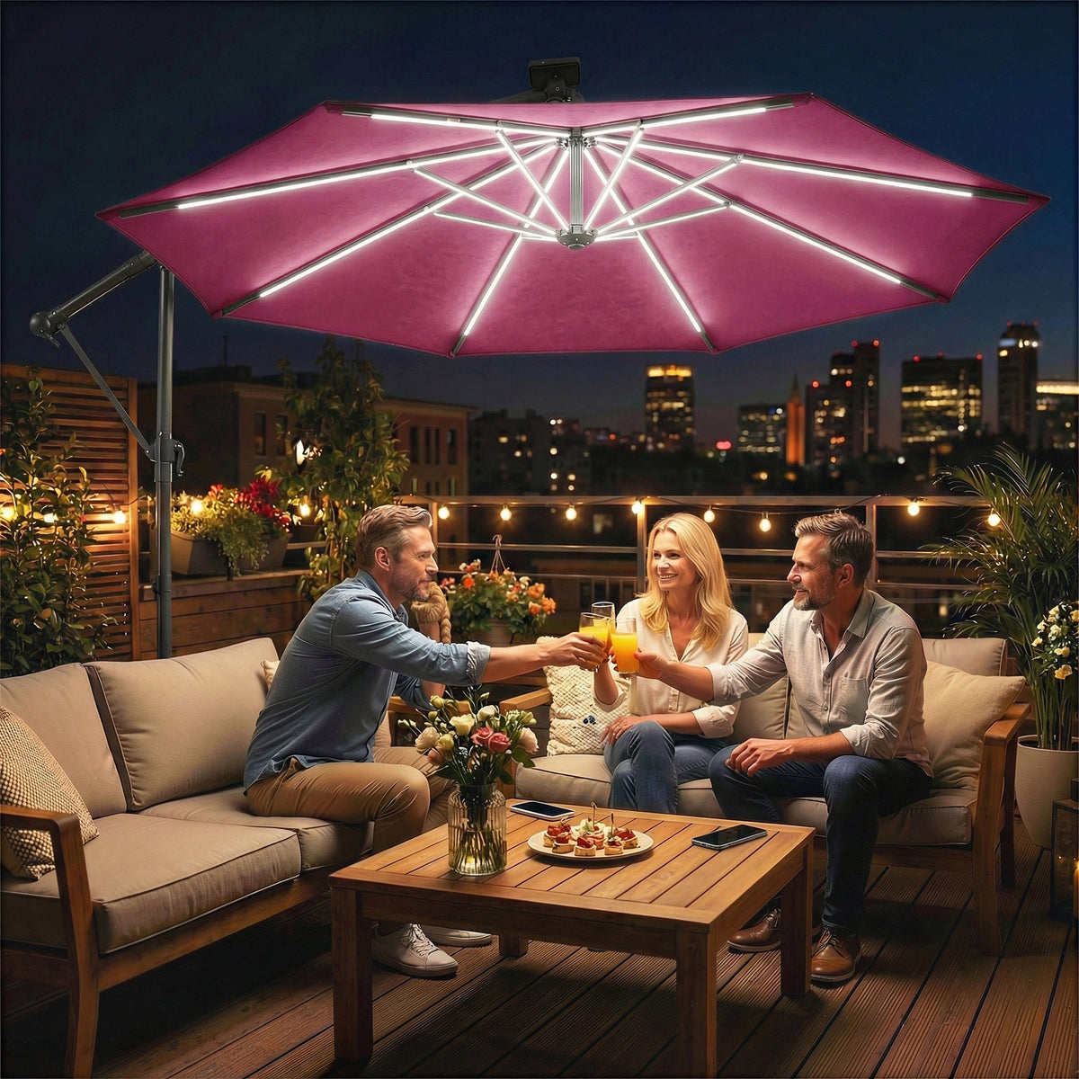3 m Cantilever Parasol with Solar LED Light, Cover & 360° Rotation, Wine Red