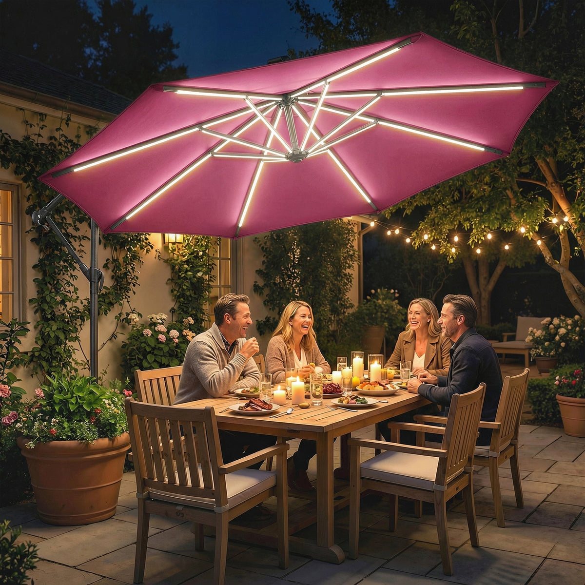3 m Cantilever Parasol with Solar LED Light, Cover & 360° Rotation, Wine Red
