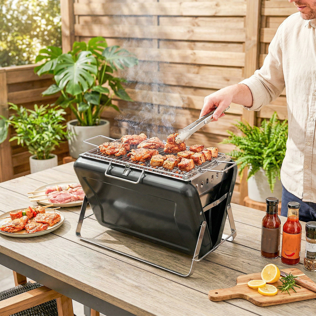 Folding Portable Charcoal BBQ Grill with Handle and Foldable Legs, Black