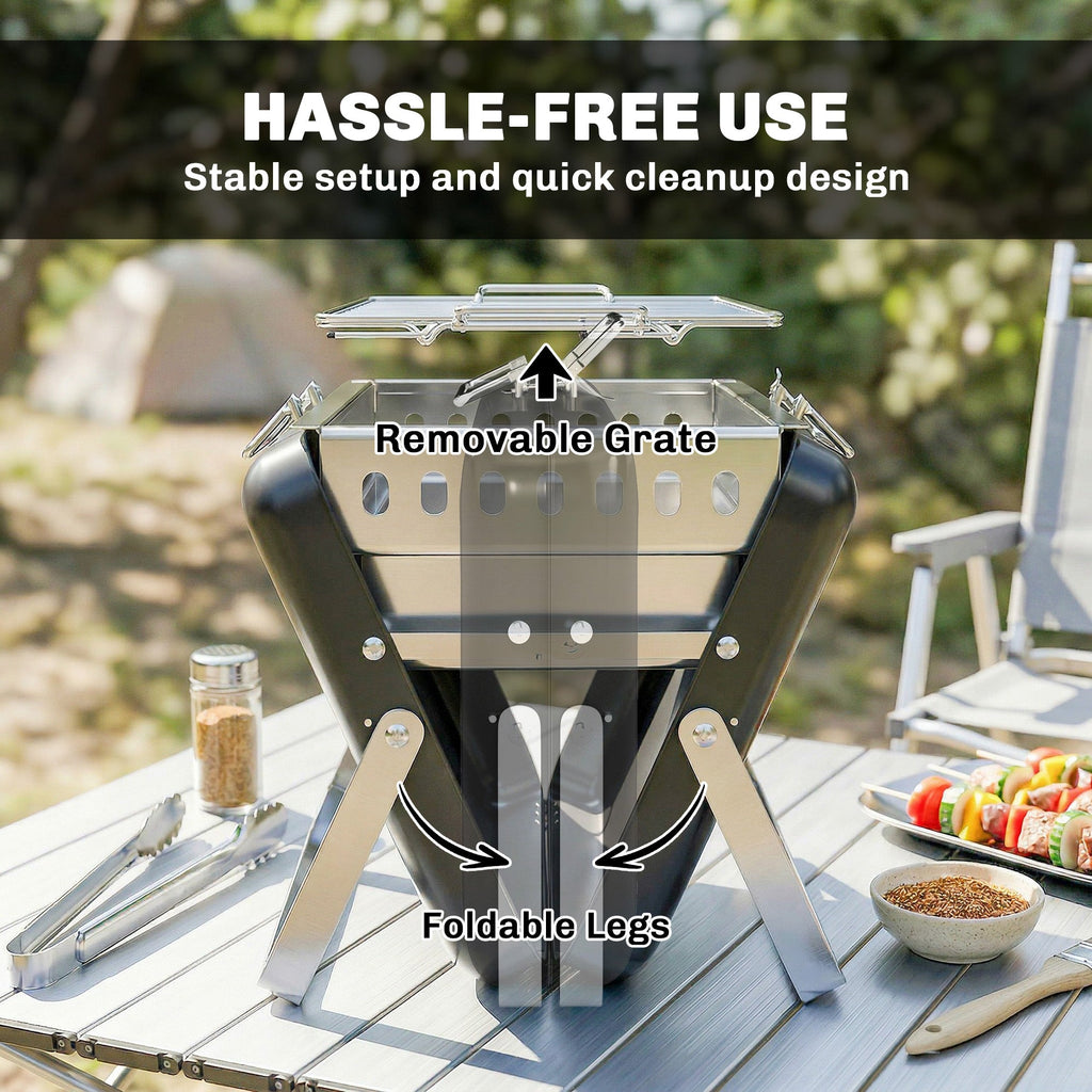 Folding Portable Charcoal BBQ Grill with Handle and Foldable Legs, Black