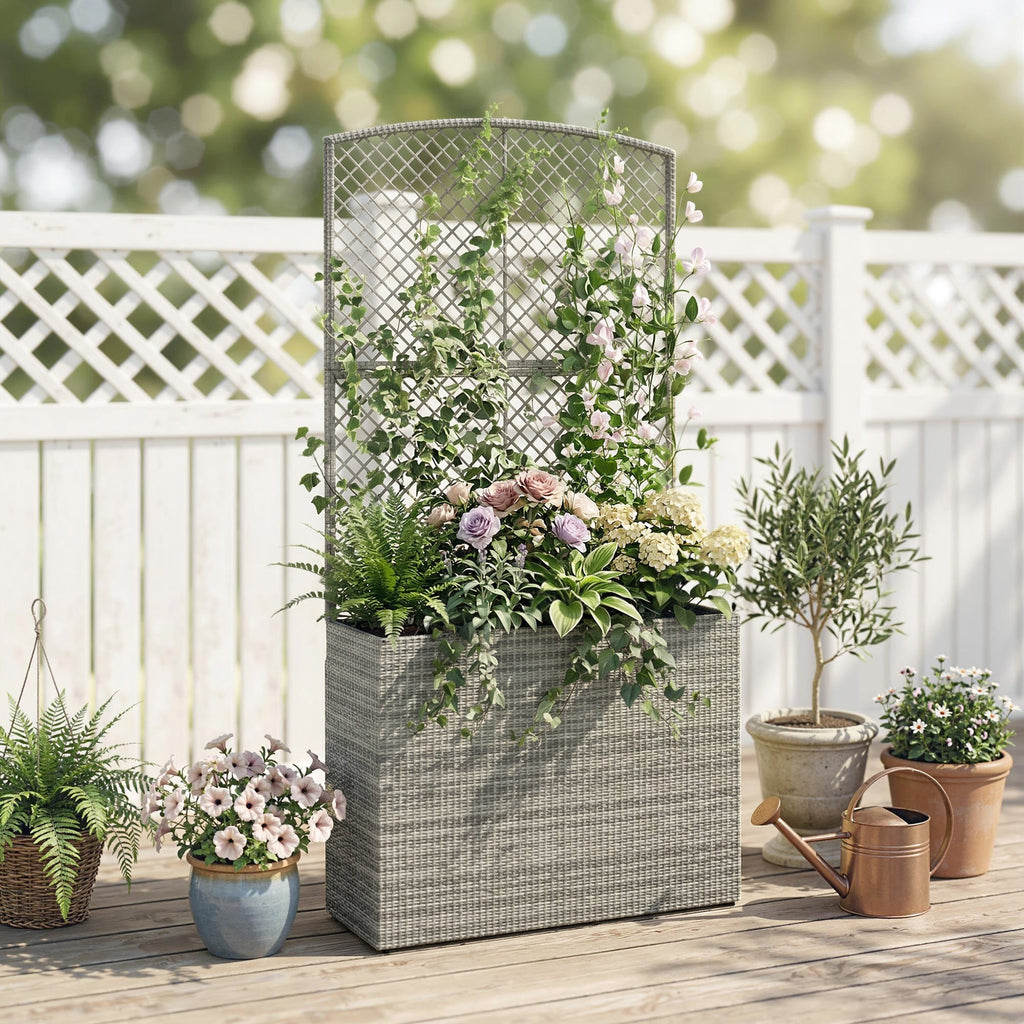 Rattan Planter with Trellis for Climbing Plants, 80 x 30 x 163 cm, Dark Grey