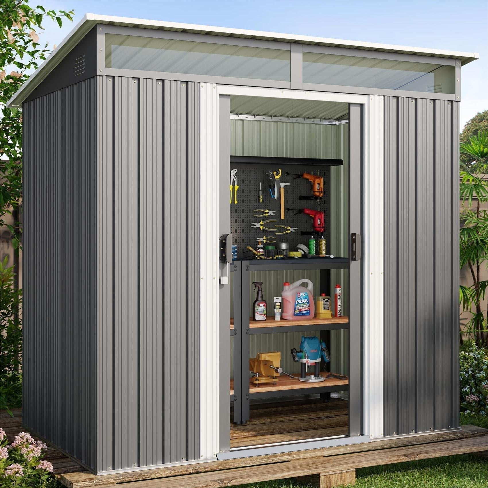 Lofka Outdoor Storage Shed with with Sliding Doors, 6x4" Metal Garden Shed with Transparent Panel Windows for Patio & Lawn, Gray - Walmart.com