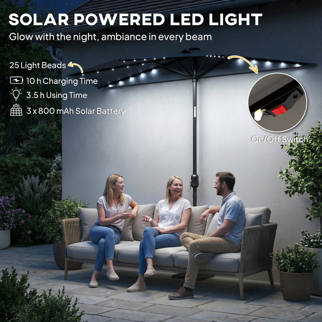 2.6 m Half Garden Parasol with Solar LED Lights and Tilt, Dark Grey