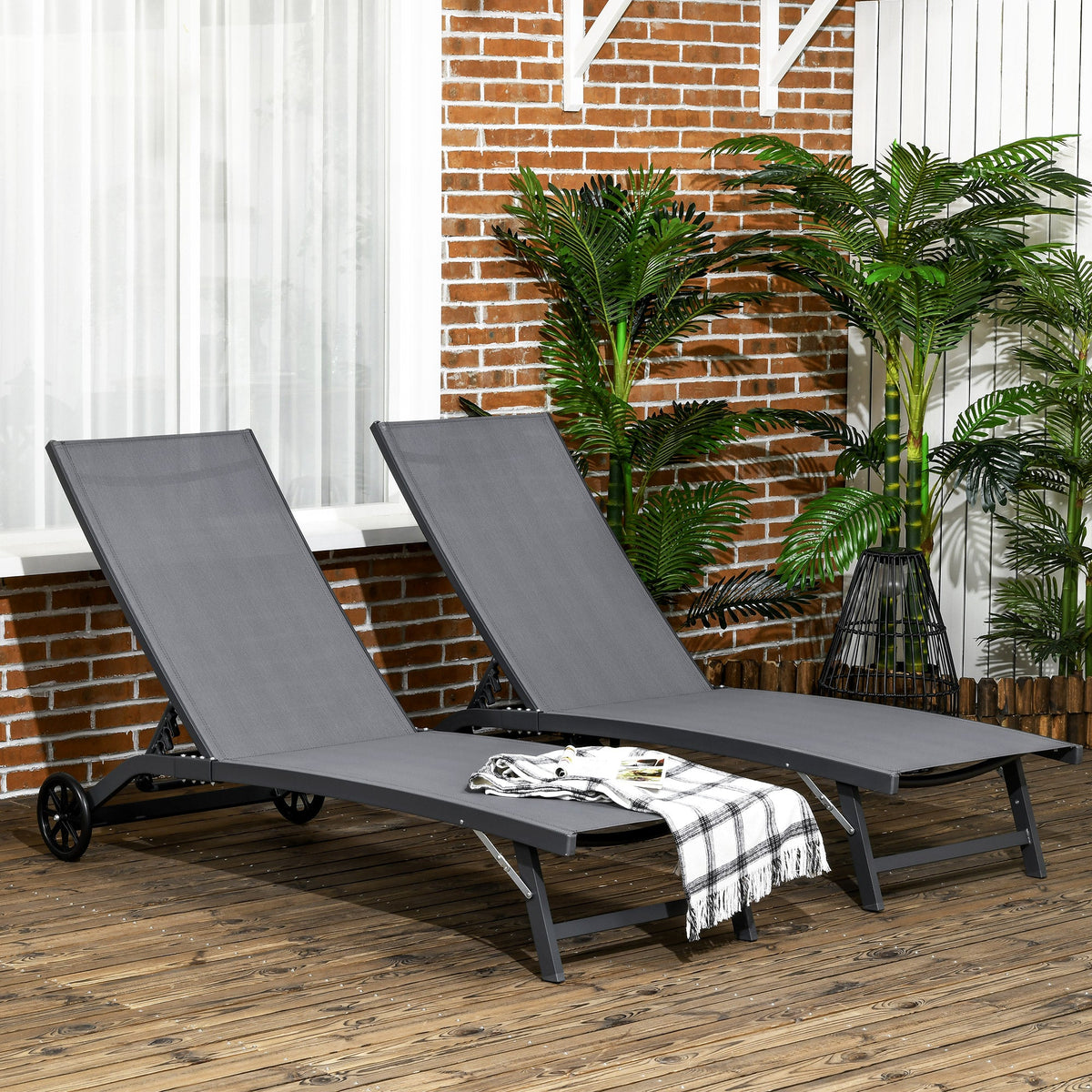 Set of 2 Outdoor Lounge Chairs with Wheels and Mesh Seat, Dark Grey