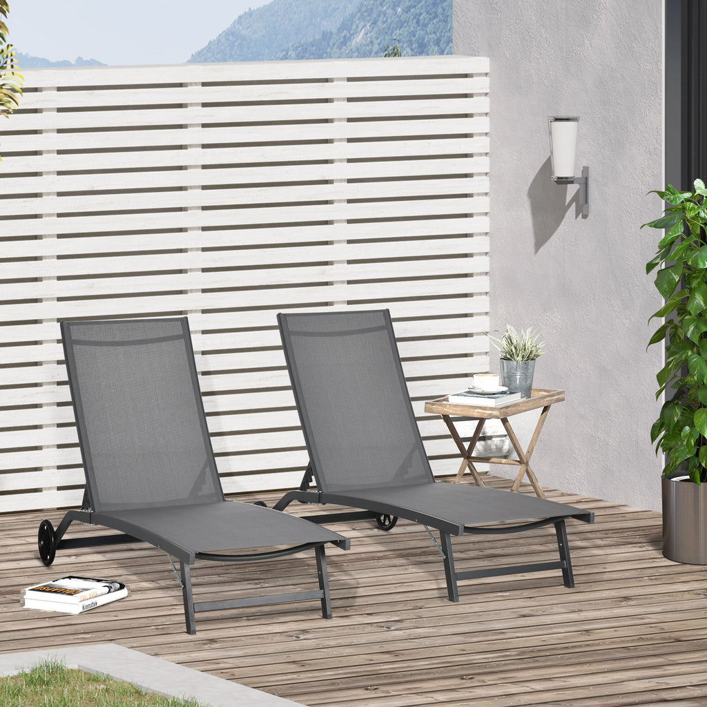 Set of 2 Outdoor Lounge Chairs with Wheels and Mesh Seat, Dark Grey