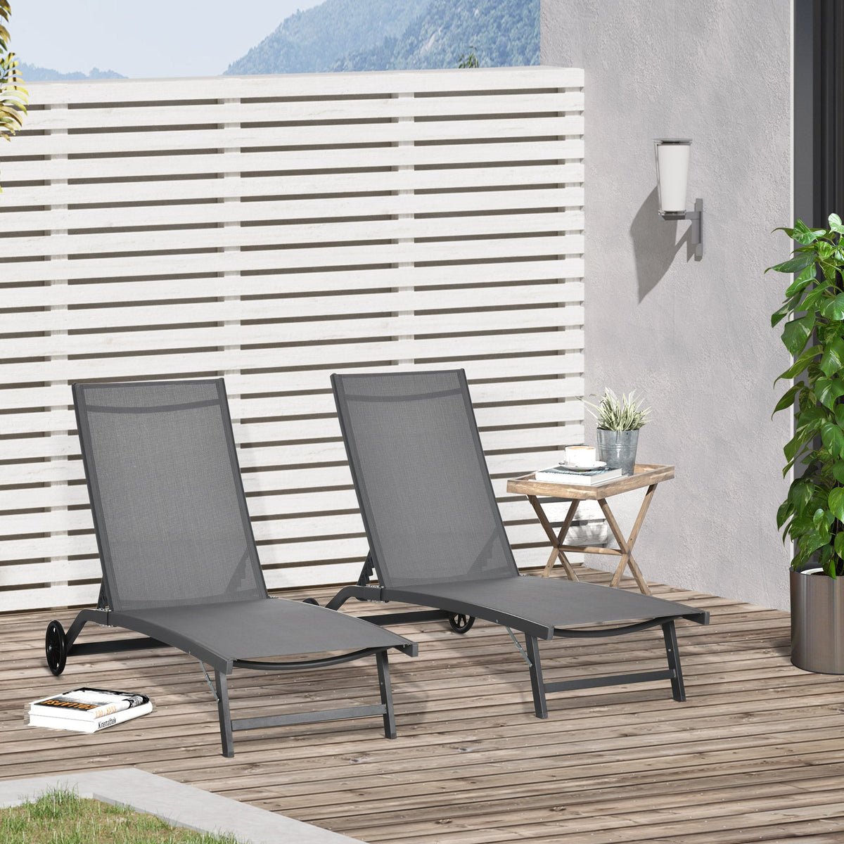 Set of 2 Outdoor Lounge Chairs with Wheels and Mesh Seat, Dark Grey
