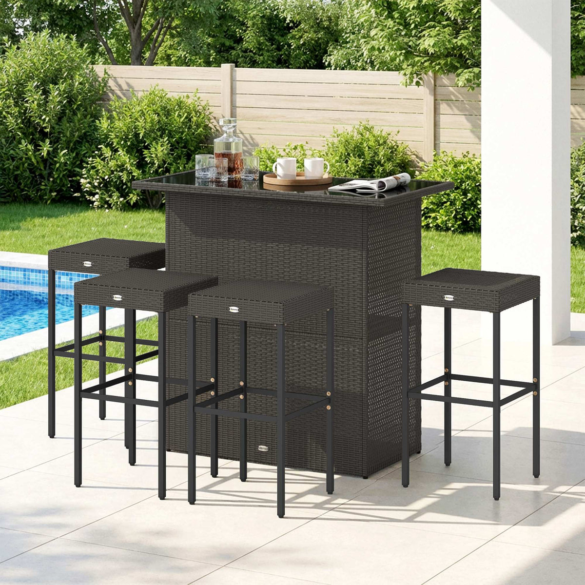 5 Piece Outdoor Wicker Bar Set with Glass Top Table and 4 Stools, Dark Brown