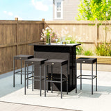 5 Piece Outdoor Wicker Bar Set with Glass Top Table and 4 Stools, Dark Brown