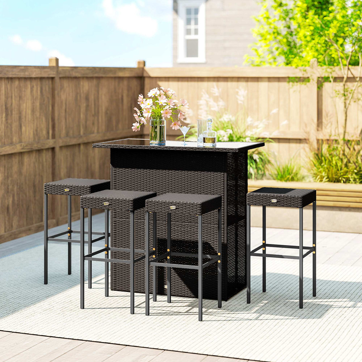 5 Piece Outdoor Wicker Bar Set with Glass Top Table and 4 Stools, Dark Brown