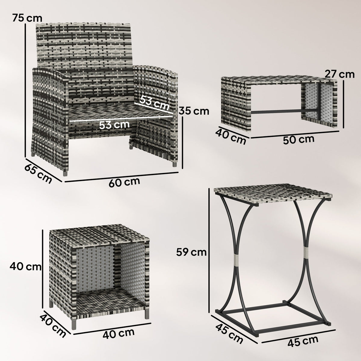 6 Piece Rattan Garden Furniture Set with 2 Nesting Tables, Grey