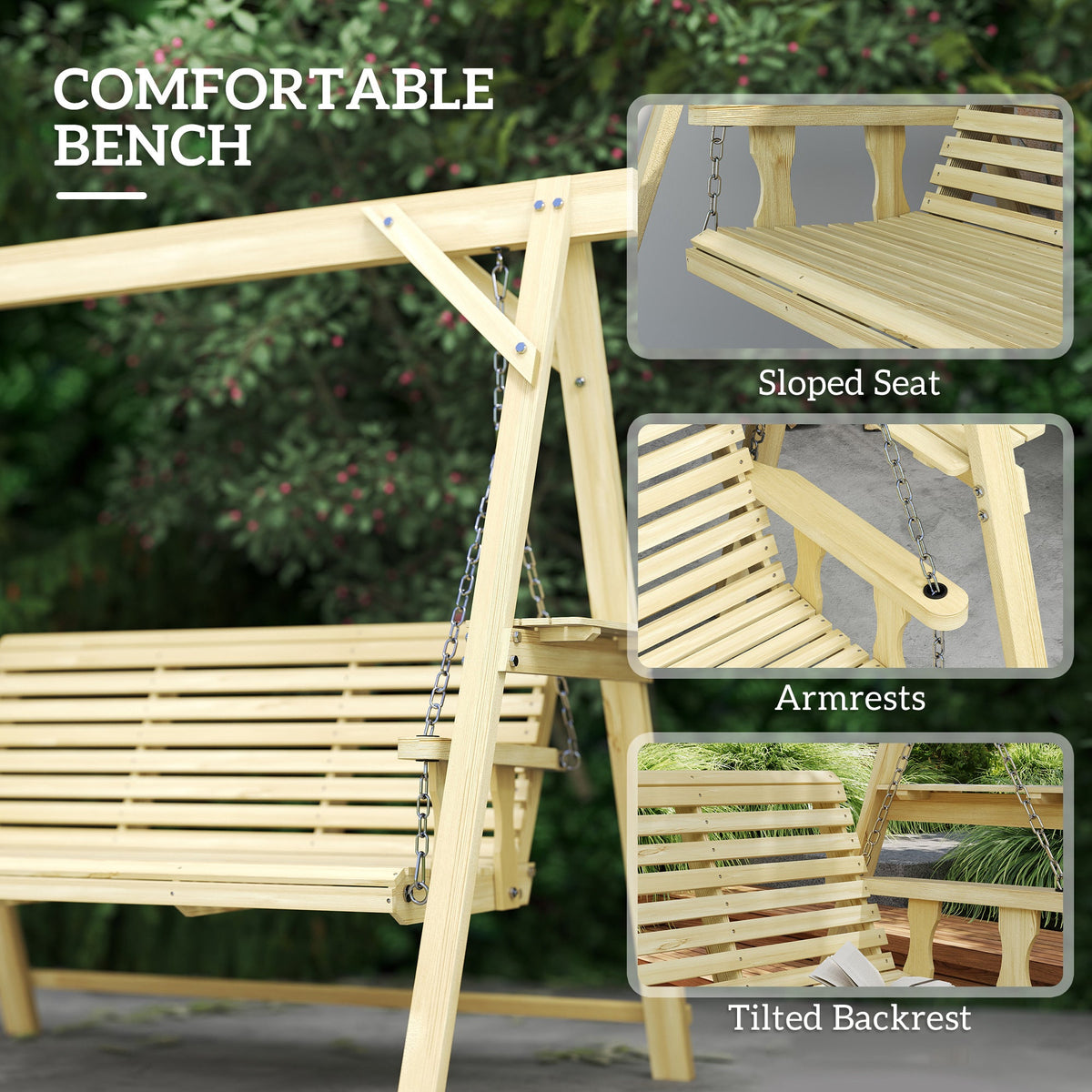 3 Seat Porch Swing with Stand and Side Tables, Natural Wood