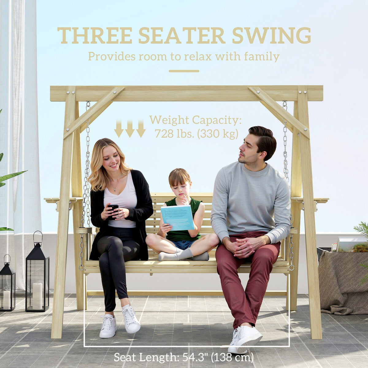 3 Seat Porch Swing with Stand and Side Tables, Natural Wood