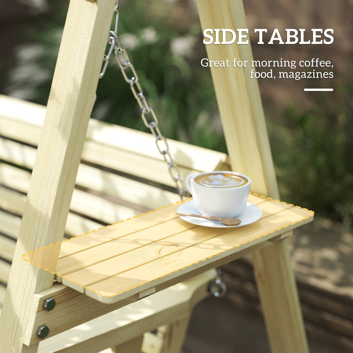 3 Seat Porch Swing with Stand and Side Tables, Natural Wood