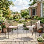 Set of 2 Rattan Dining Chairs with Cushions, Metal Frame, String Back & Armrests