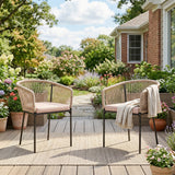Set of 2 Rattan Dining Chairs with Cushions, Metal Frame, String Back & Armrests