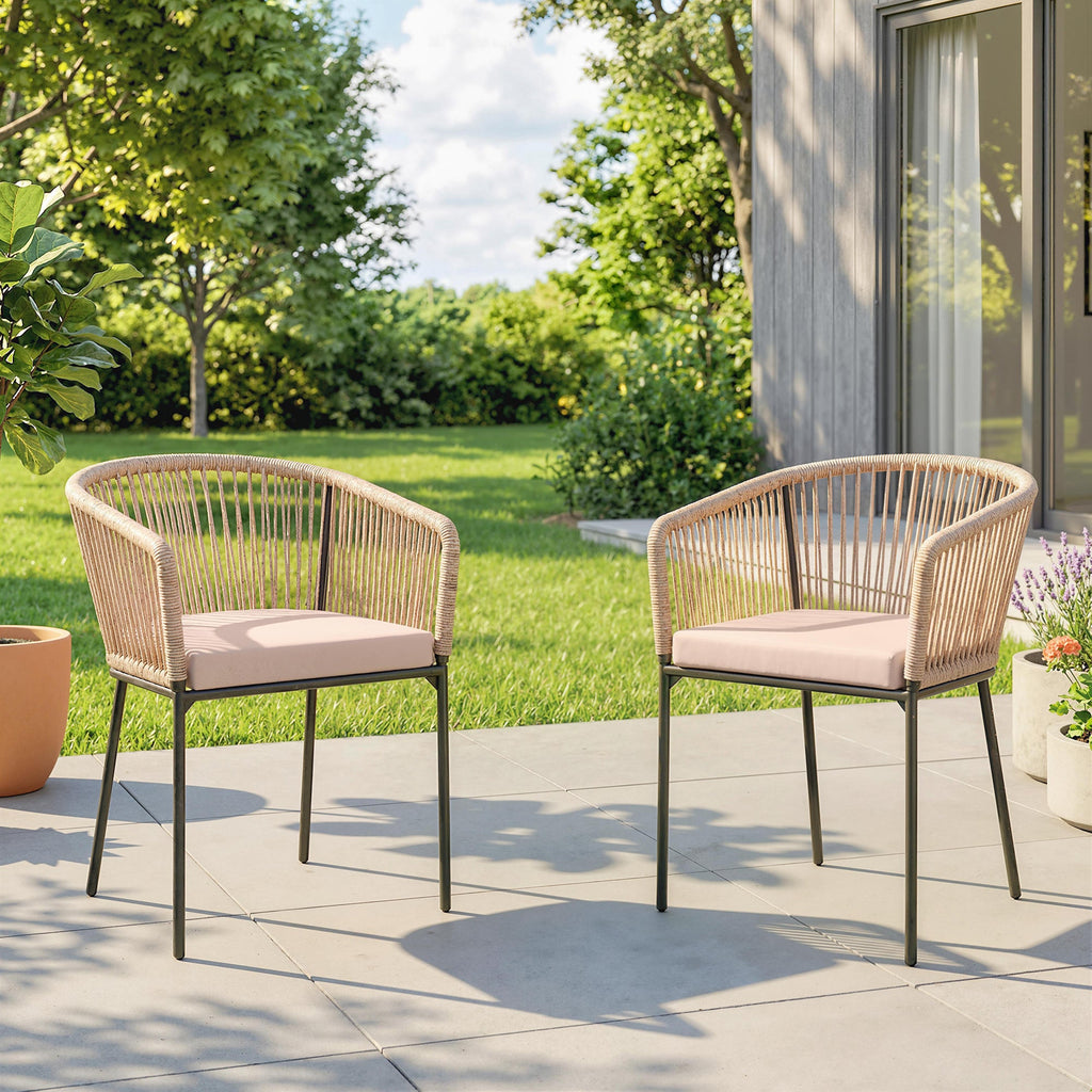 Set of 2 Rattan Dining Chairs with Cushions, Metal Frame, String Back & Armrests