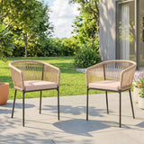 Set of 2 Rattan Dining Chairs with Cushions, Metal Frame, String Back & Armrests
