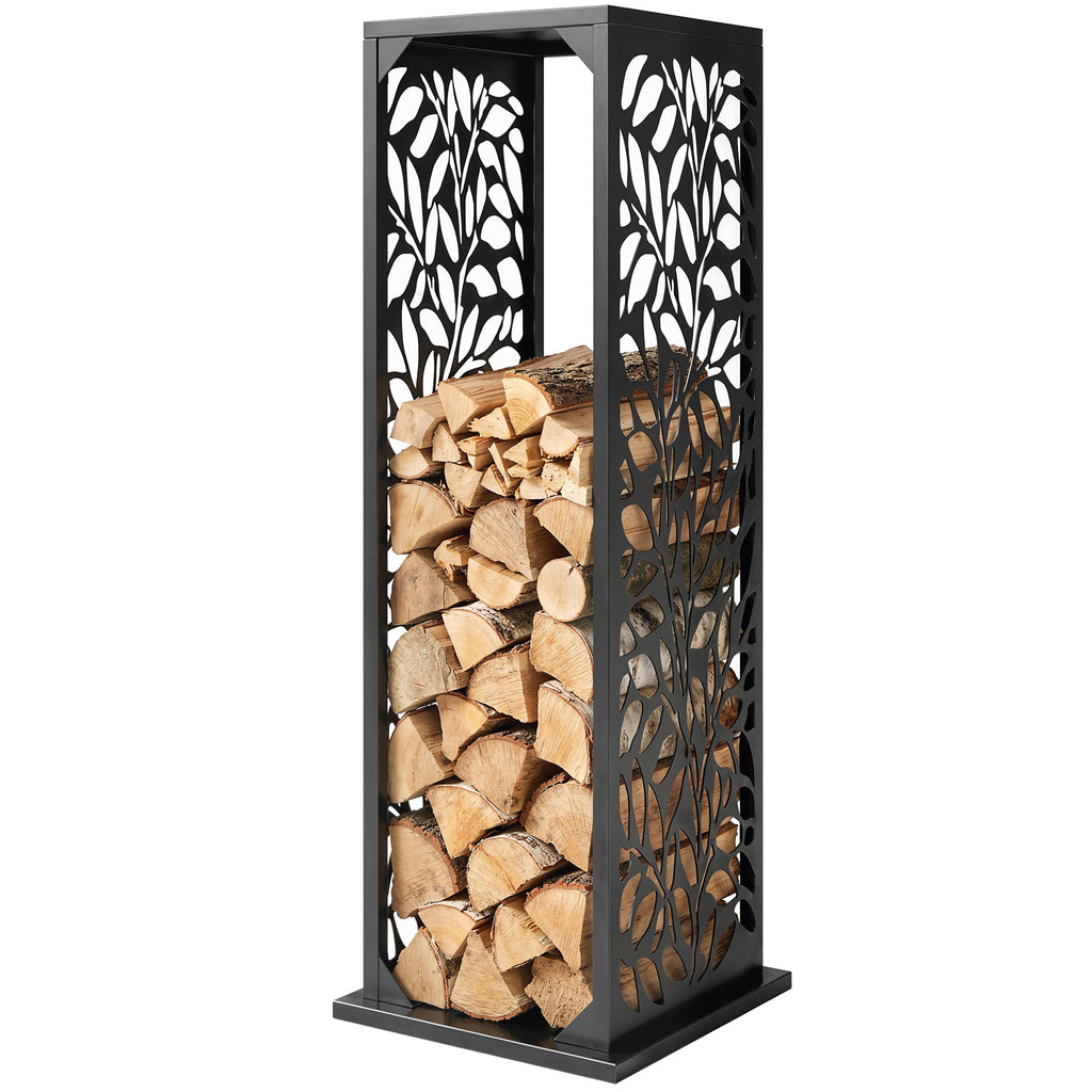 15 Inch Firewood Rack with Heavy-Duty Galvanized Steel Log Holder Featuring 4 Hooks & Adjustable Pads, Black