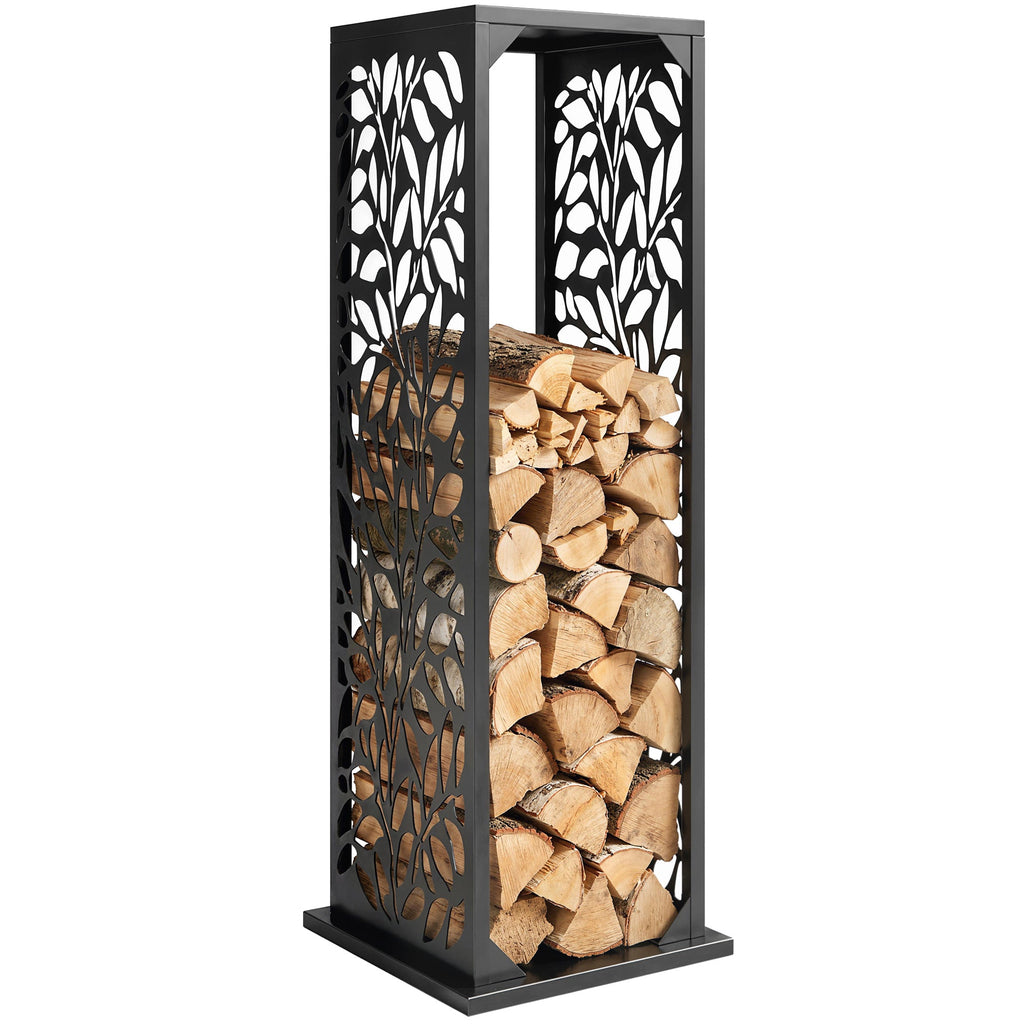 15 Inch Firewood Rack with Heavy-Duty Galvanized Steel Log Holder Featuring 4 Hooks & Adjustable Pads, Black