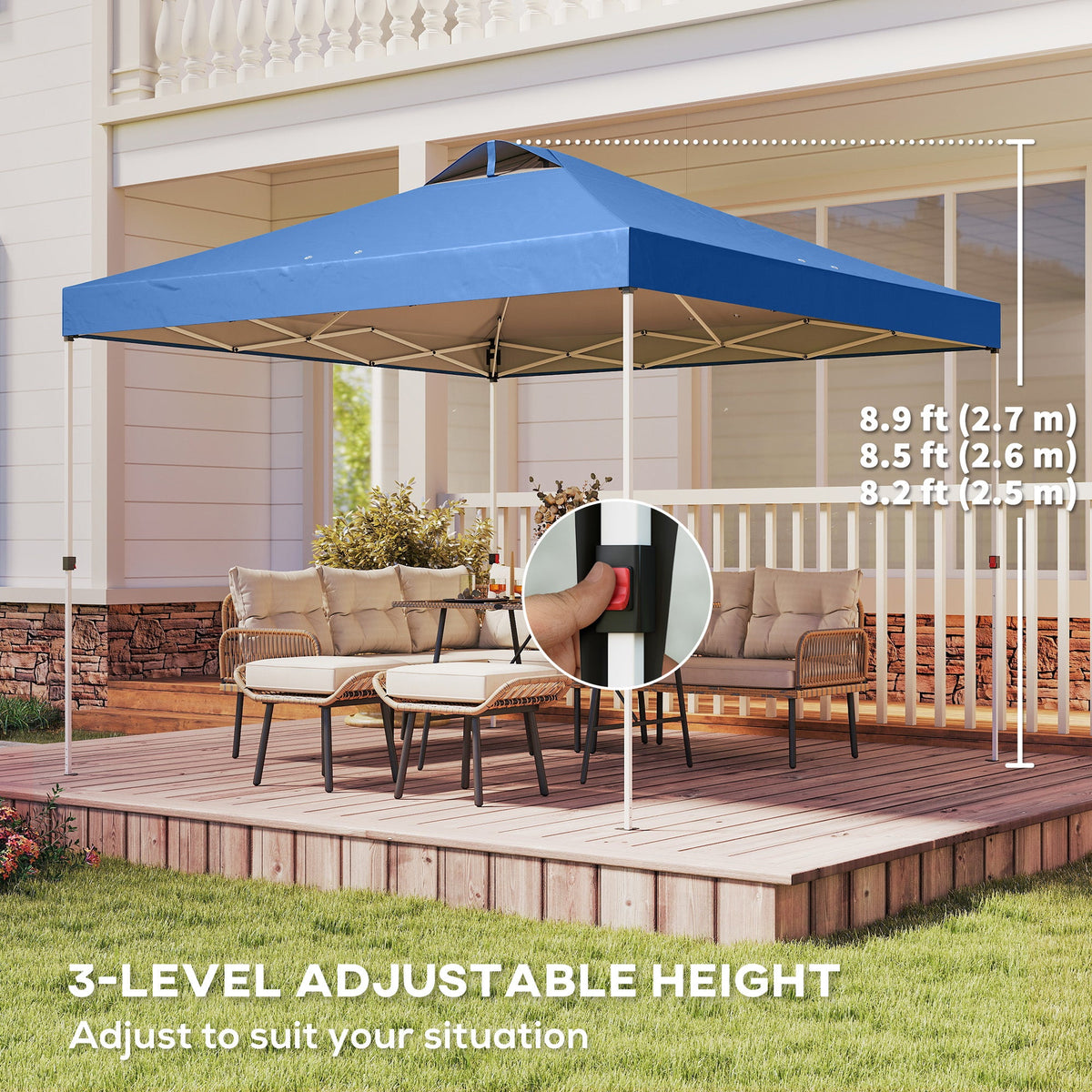 9.8' x 9.8' Pop-Up Canopy with Carrying Bag, Stakes and Ropes, Blue