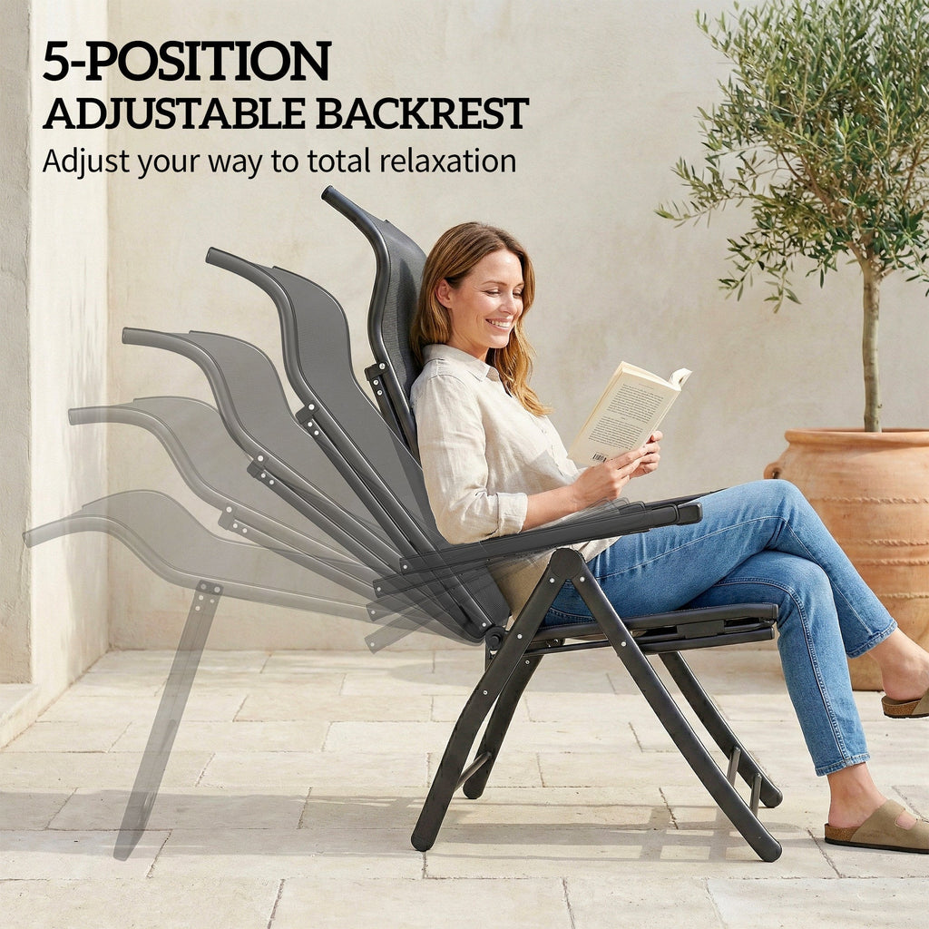 Set of 2 Folding Patio Chairs with Footrest and 5-Position Recline, Dark Grey