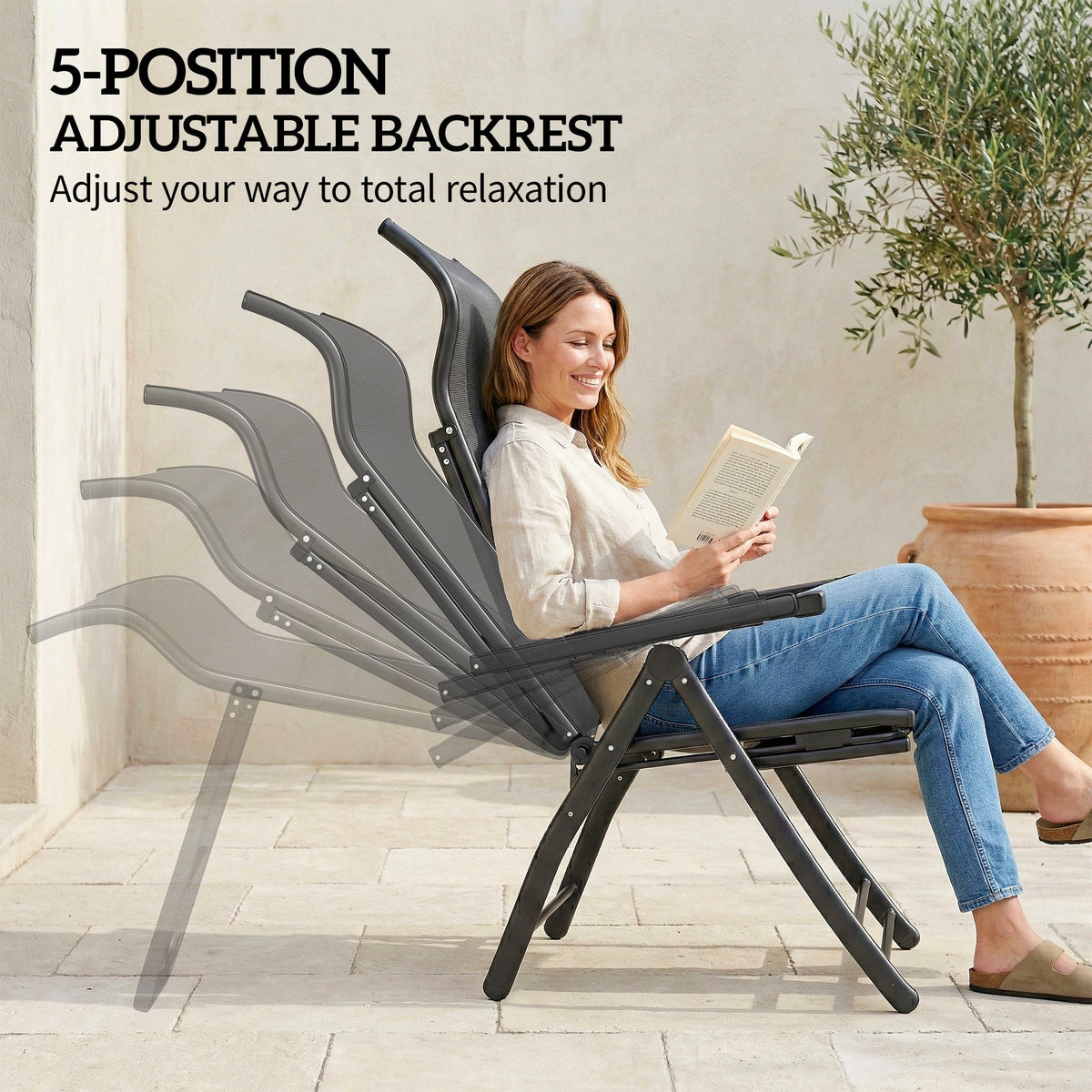 Set of 2 Folding Patio Chairs with Footrest and 5-Position Recline, Dark Grey