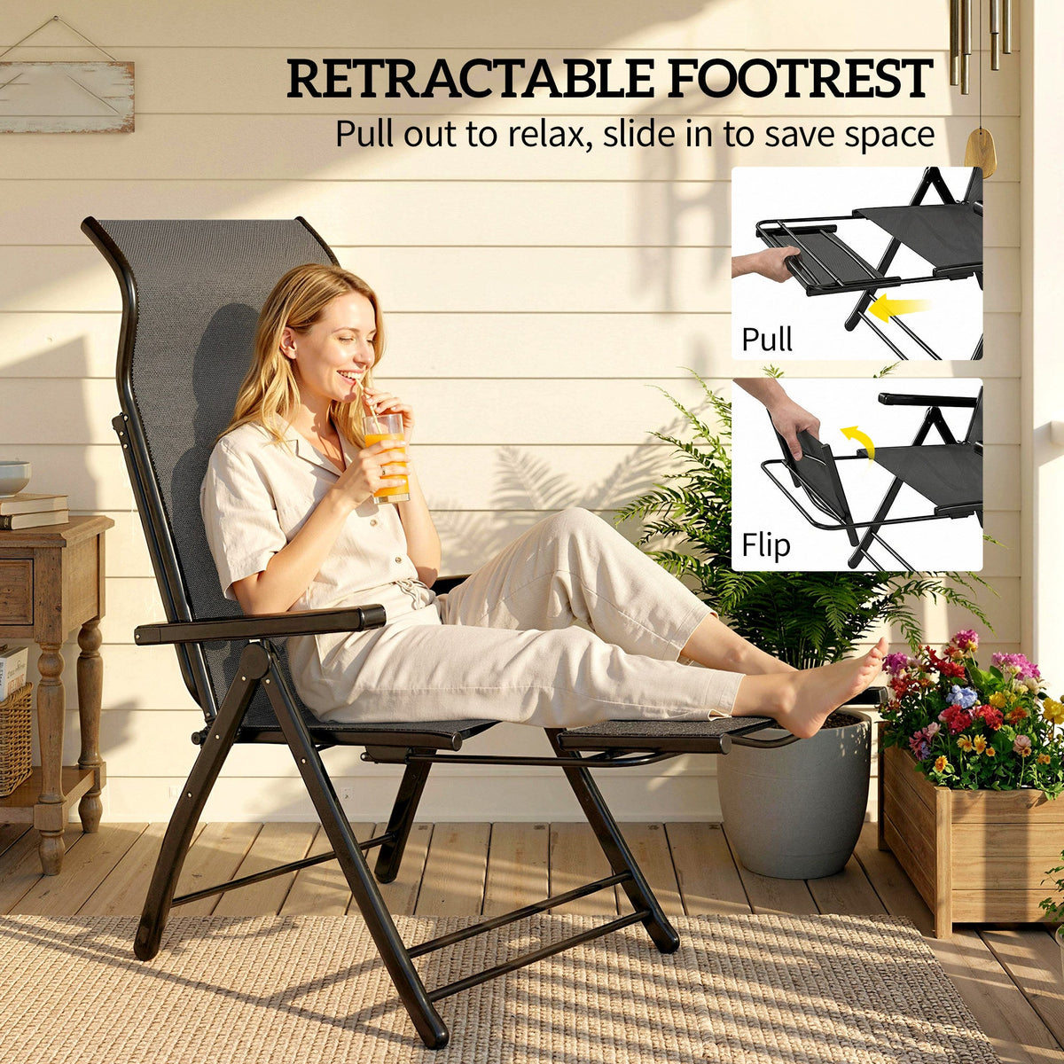 Set of 2 Folding Patio Chairs with Footrest and 5-Position Recline, Dark Grey
