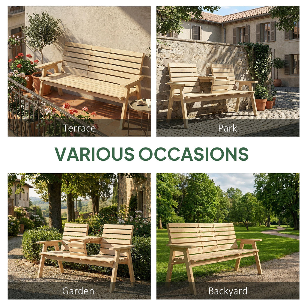 2 Seater Wooden Garden Bench with Convertible Middle Table, Natural