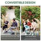 2 Seater Wooden Garden Bench with Convertible Middle Table, Natural
