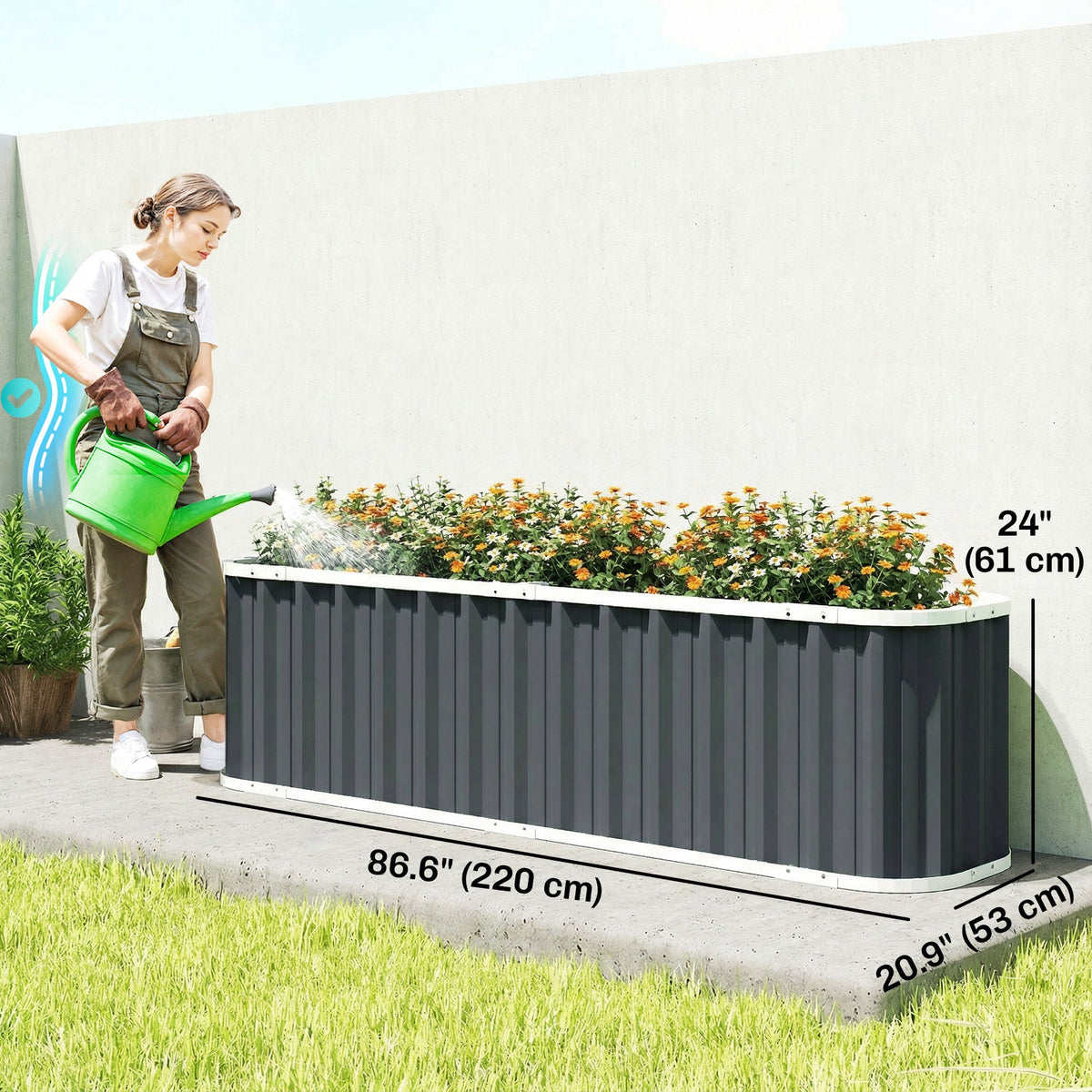 7' x 2' x 2' Galvanized Raised Garden Bed with Gloves, Dark Grey