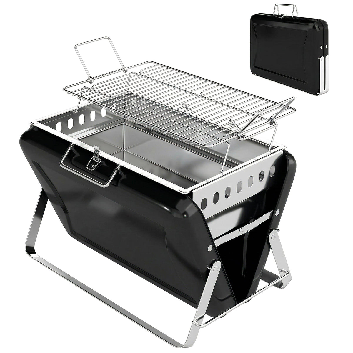 Folding Portable Charcoal BBQ Grill with Handle and Foldable Legs, Black